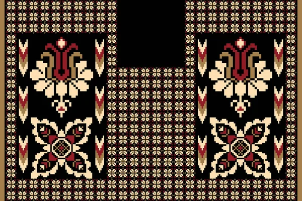Floral Neckline Embroidery Geometric Ethnic Oriental Pattern Traditional Black Background — 图库矢量图片
