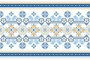 Floral cross stitch embroidery on white background.geometric ethnic oriental seamless pattern traditional.Aztec style abstract vector illustration.design for texture,fabric,clothing,wrapping,carpet.
