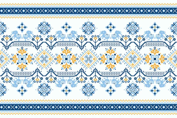 Floral Cross Stitch Embroidery White Background Geometric Ethnic Oriental Seamless — ストックベクタ