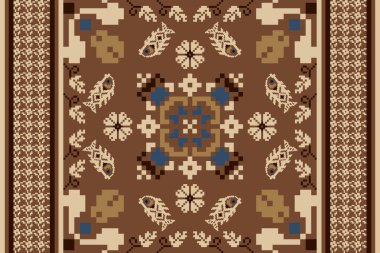 Floral cross stitch embroidery on brown background.geometric ethnic oriental seamless pattern traditional.Aztec style,abstract,vector illustration.design for texture,fabric,clothing,wrapping,carpet.