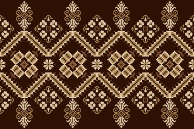 African floral cross stitch embroidery on brown background.geometric ethnic oriental seamless pattern traditional.Aztec style,abstract,vector,illustration.design for texture,fabric,clothing,wrapping.