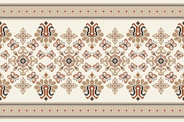 Floral cross stitch embroidery on white background.geometric ethnic oriental pattern traditional.Aztec style,abstract,vector,illustration.design for texture,fabric,clothing,wrapping,decoration,carpet.
