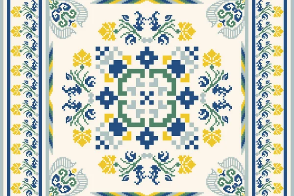 Floral Cross Stitch Embroidery White Background Geometric Ethnic Oriental Seamless — Vector de stock