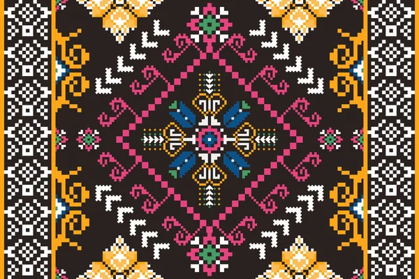 Geometric Ethnic Oriental Seamless Pattern Traditional Black Background Floral Cross — Vettoriale Stock