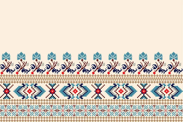 Floral Cross Stitch Embroidery Cream Background Geometric Ethnic Oriental Seamless — Stok Vektör