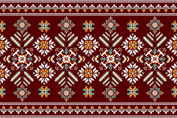 Floral Cross Stitch Embroidery Crimson Background Geometric Ethnic Oriental Seamless — стоковый вектор