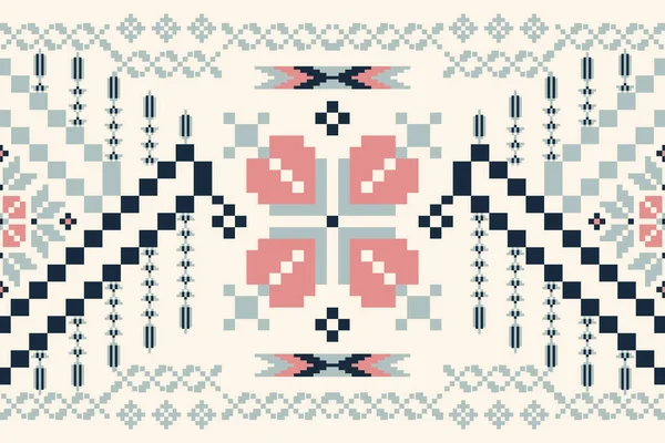 Floral Cross Stitch Embroidery White Background Geometric Ethnic Oriental Seamless — Stok Vektör