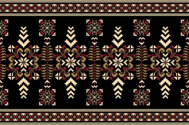 Floral cross stitch embroidery on black background.geometric ethnic oriental seamless pattern traditional.Aztec style abstract vector illustration.design for texture,fabric,clothing,wrapping,carpet.