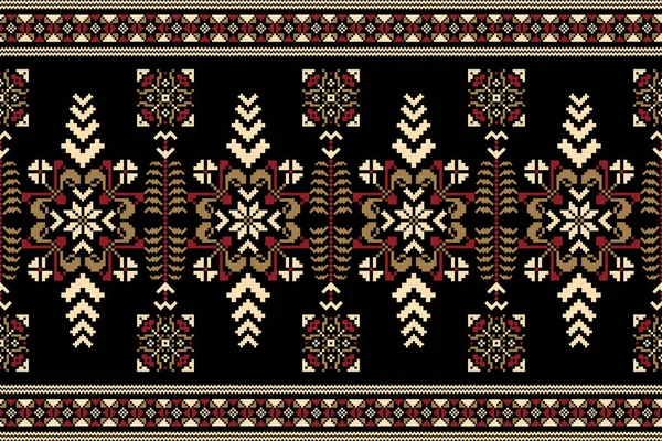 Floral Cross Stitch Embroidery Black Background Geometric Ethnic Oriental Seamless — Image vectorielle