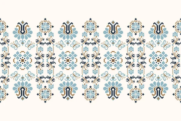 Floral Cross Stitch Embroidery White Background Geometric Ethnic Oriental Seamless — Vetor de Stock