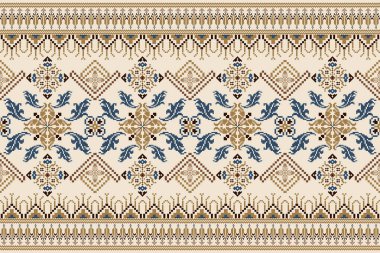 Floral cross stitch embroidery on white background.geometric ethnic oriental seamless pattern traditional.Aztec style abstract vector illustration.design for texture,fabric,clothing,wrapping,carpet.