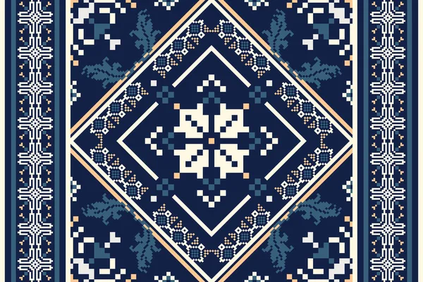 Floral Cross Stitch Embroidery Navy Blue Background Geometric Ethnic Oriental — Stock Vector
