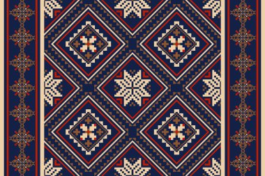 Deniz mavisi arka plan üzerine çiçek haçı nakışı. Geometrik etnik doğulu dikişsiz desen geleneği. Soyut vektör çizimi. Doku, kumaş, giysi, ambalaj tasarımı.