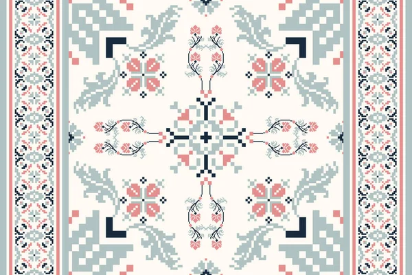 Floral Cross Stitch Embroidery White Background Geometric Ethnic Oriental Seamless — Vetor de Stock