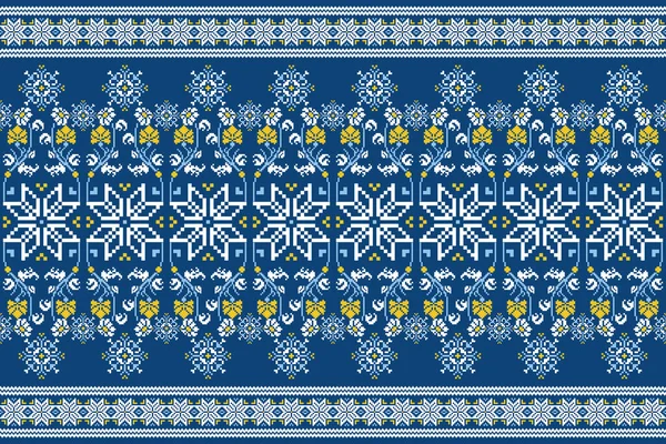 Floral Cross Stitch Stickerei Auf Blauem Hintergrund Geometrische Ethnische Orientalische — Stockvektor