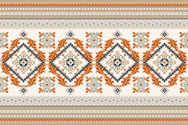 Floral cross stitch embroidery on white background.geometric ethnic oriental seamless pattern traditional.Aztec style abstract vector illustration.design for texture,fabric,clothing,wrapping,carpet.