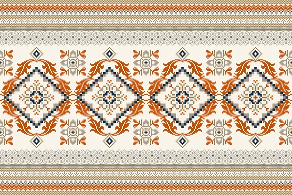 Floral Cross Stitch Embroidery White Background Geometric Ethnic Oriental Seamless — ストックベクタ