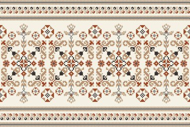 Floral cross stitch embroidery on cream background.geometric ethnic oriental seamless pattern traditional.Aztec style abstract vector illustration.design for texture,fabric,clothing,wrapping,carpet.