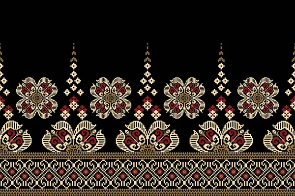 Floral Cross Stitch Embroidery Black Background Geometric Ethnic Oriental Seamless — Stockvector