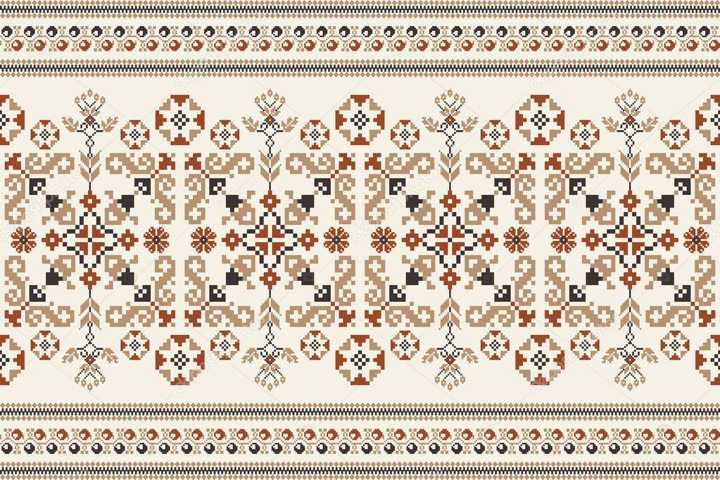 Floral cross stitch embroidery on cream background.geometric ethnic oriental seamless pattern traditional.Aztec style abstract vector illustration.design for texture,fabric,clothing,wrapping,carpet.