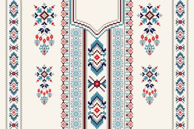 Beyaz arka planda güzel bir çiçek haçı yaka nakışı. Geometrik etnik oryantal desen geleneği. Soyut vektör çizimi. Doku, kumaş, moda kadınları için tasarım.