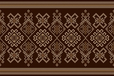 Kahverengi arka plana çiçekli çapraz dikiş. Geometrik etnik doğuya özgü desensiz desen geleneği. Doku, kumaş, giysi, ambalaj, halı tasarımı..