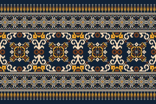 Floral Cross Stitch Embroidery Navy Blue Background Geometric Ethnic Oriental — Διανυσματικό Αρχείο