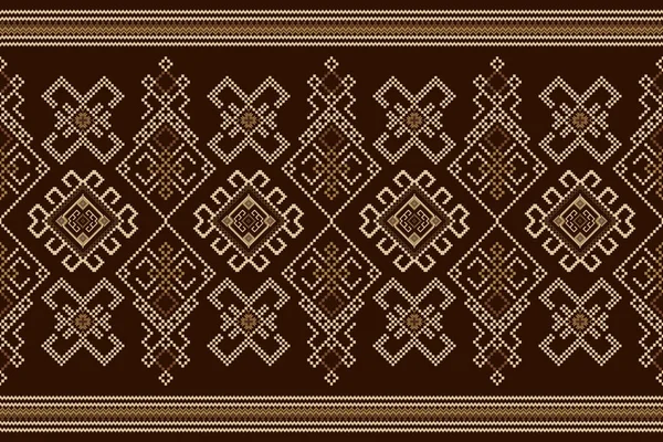 Floral Cross Stitch Embroidery Brown Background Geometric Ethnic Oriental Seamless — Stock Vector