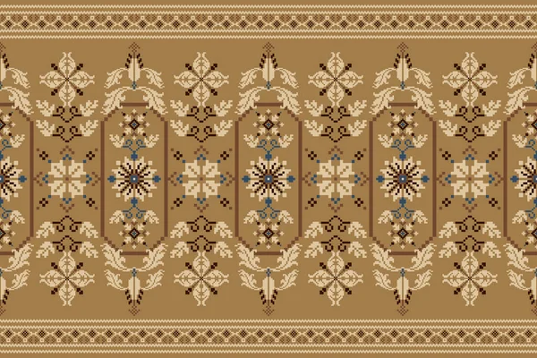 茶色の背景に花のクロスステッチ刺繍 幾何学的な民族東洋のシームレスなパターンの伝統 アステカスタイル抽象的なベクトルイラスト テクスチャ ファブリック カーペットのためのデザイン — ストックベクタ