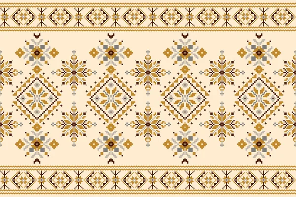 Floral Cross Stitch Embroidery Cream Background Geometric Ethnic Oriental Seamless — Stockvector