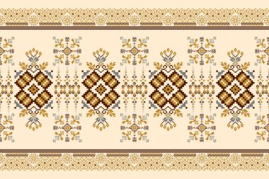 Floral Cross Stitch Embroidery on cream background.geometric ethnic oriental seamless pattern traditional.Aztec style abstract vector illustration.design for texture,fabric,clothing,wrapping,carpet.