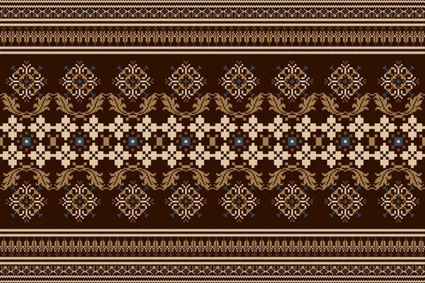 Floral Cross Stitch Embroidery Brown Background Geometric Ethnic Oriental Seamless — Stock Vector