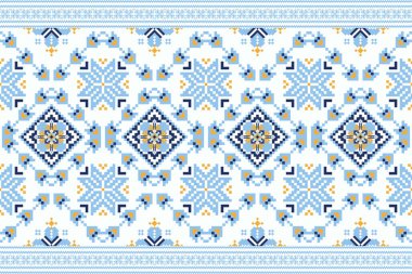Çiçeksel çapraz dikiş nakışı. Geometri etnik doğulu dikişsiz desen geleneği. Mavi ve beyaz arka plan. Doku, kumaş, giysi, dekorasyon, halı için tasarım.