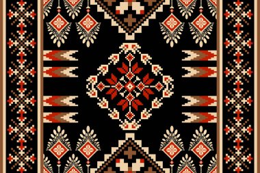 Floral cross stitch embroidery on black background.geometric ethnic oriental seamless pattern traditional.Aztec style abstract vector illustration.design for texture,fabric,clothing,wrapping,carpet.