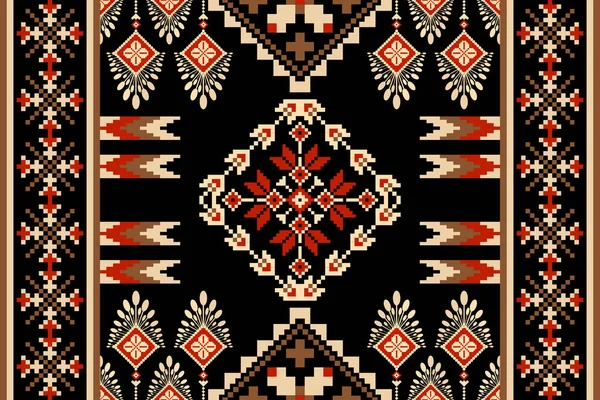 Floral Cross Stitch Embroidery Black Background Geometric Ethnic Oriental Seamless — ストックベクタ