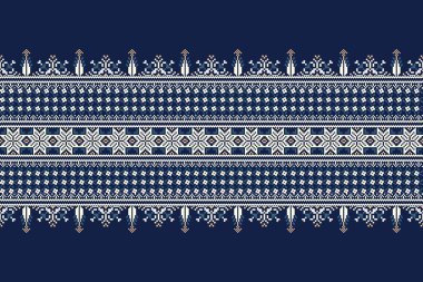 Floral cross stitch embroidery on navy blue background.geometric ethnic oriental seamless pattern traditional.Aztec style abstract vector illustration.design for texture,fabric,clothing,wrapping,print