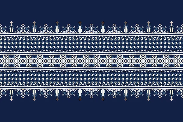 Floral Cross Stitch Embroidery Navy Blue Background Geometric Ethnic Oriental — Image vectorielle