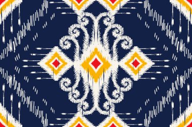 Afrika Ikat desenli lacivert arka plan nakışı. Geometrik etnik doğuya özgü dikişsiz desen geleneği. Doku, kumaş, kıyafet, ambalaj, dekorasyon, halı tasarımı.