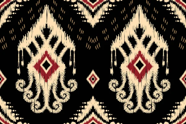 非洲Ikat Paisley绣花在黑色背景上 几何东方无缝图案传统 阿兹特克风格的抽象矢量插画 地毯设计 — 图库矢量图片