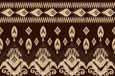 Kahverengi arka plan üzerine Afrika Ikat desenli nakış. Geometrik etnik doğulu dikişsiz desen gelenekseli. Doku, kumaş, kıyafet, ambalaj, dekorasyon, halı için tasarım..