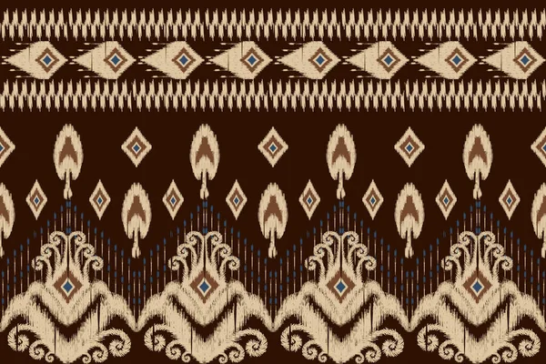 茶色の背景にアフリカのイカットペイズリー刺繍 幾何学的な東洋のシームレスなパターンの伝統 テクスチャ ファブリック ラッピング カーペットのためのアステカスタイル抽象ベクトルのデザイン — ストックベクタ