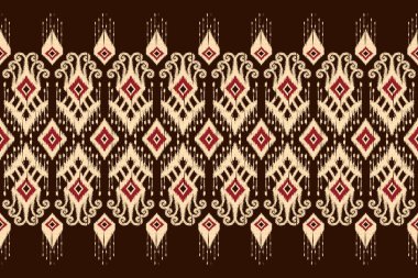 Kahverengi arka plan üzerine Afrika Ikat desenli nakış. Geometrik etnik doğulu dikişsiz desen geleneği. Doku, kumaş, giysi, ambalaj, dekorasyon, sarong için tasarım..