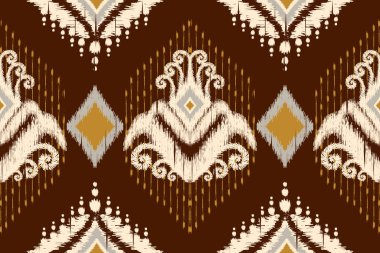 African Ikat paisley embroidery on brown background.geometric ethnic oriental seamless pattern traditional.Aztec style abstract vector.design for texture,fabric,clothing,wrapping,decoration,s carpet. clipart