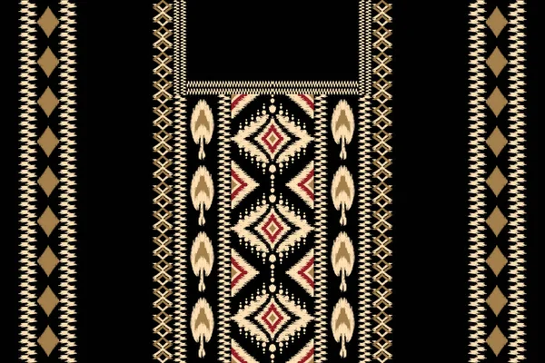 Ikat Bordado Escote Floral Sobre Fondo Negro Escote Boho Estilo — Vector de stock