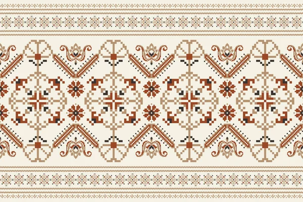 Floral Cross Stitch Embroidery White Background Geometric Ethnic Oriental Seamless — Stok Vektör