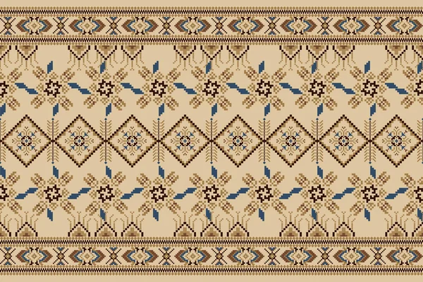 Beautiful Blue Floral Seamless Pattern Brown Background Geometric Ethnic Oriental — Wektor stockowy