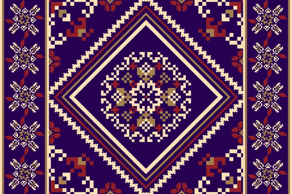 紫色背景上的花纹十字绣 几何东方无缝图案传统 阿兹特克风格抽象矢量 地毯设计 — 图库矢量图片