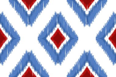 Beyaz arka plan üzerine Ikat paisley nakışı. Mavi ve kırmızı. Geometrik etnik doğuya özgü dikişsiz desen geleneği. Doku, kumaş, giysi, dekorasyon, baskı için tasarım.