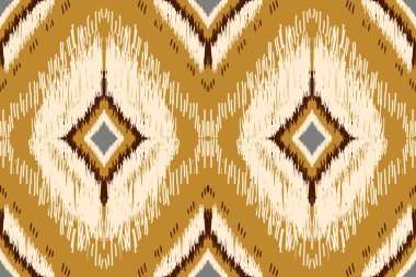 Sarı arka plan üzerine Afrika Ikat desenli nakış. Geometrik etnik doğuya özgü desensiz desen geleneksel. Doku, kumaş, giysi, ambalaj, dekorasyon, halı için tasarım.