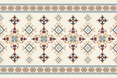 Beyaz arka plana çiçekli çapraz dikiş. Geometrik etnik doğuya özgü desensiz desen geleneği. Doku, kumaş, giysi, ambalaj, dekorasyon, halı için tasarım..
